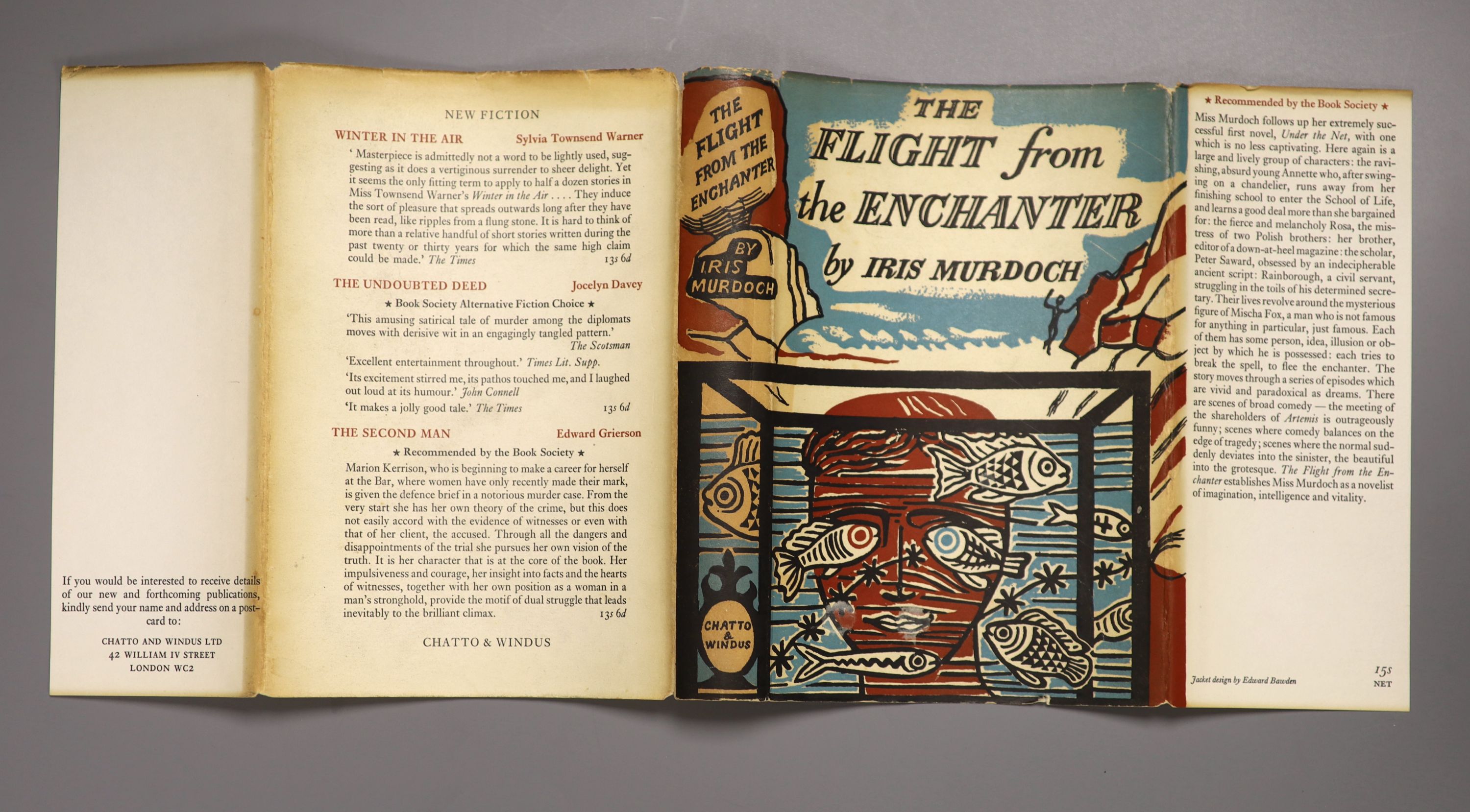 Murdoch, Iris - 4 works - The Flight from the Enchanter, 1st edition, in d/j with minor chips and darkening, bookplate to pastedown, Chatto and Windus, London, 1956; A Severed Head, with d/j, London, 1961; The Bell, with